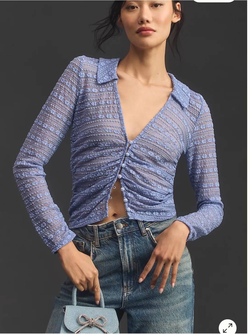 Anthropologie Lilac Sheer Ruched Button-Down Top